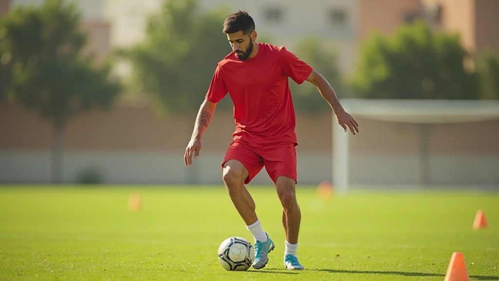 لاعب كرة قدم يقوم بتمارين تدريبية متقدمة على التحكم بالكرة