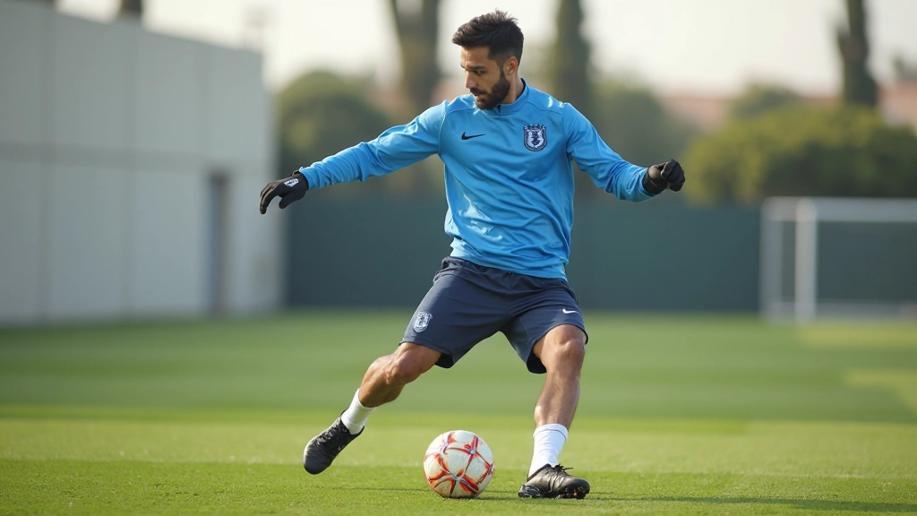 لاعب كرة قدم احترافي يتحكم بالكرة بمهارة عالية أثناء التدريب